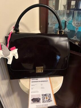Celine Black Patent Leather Top-Handle Shoulder Bag with Gold Hardware